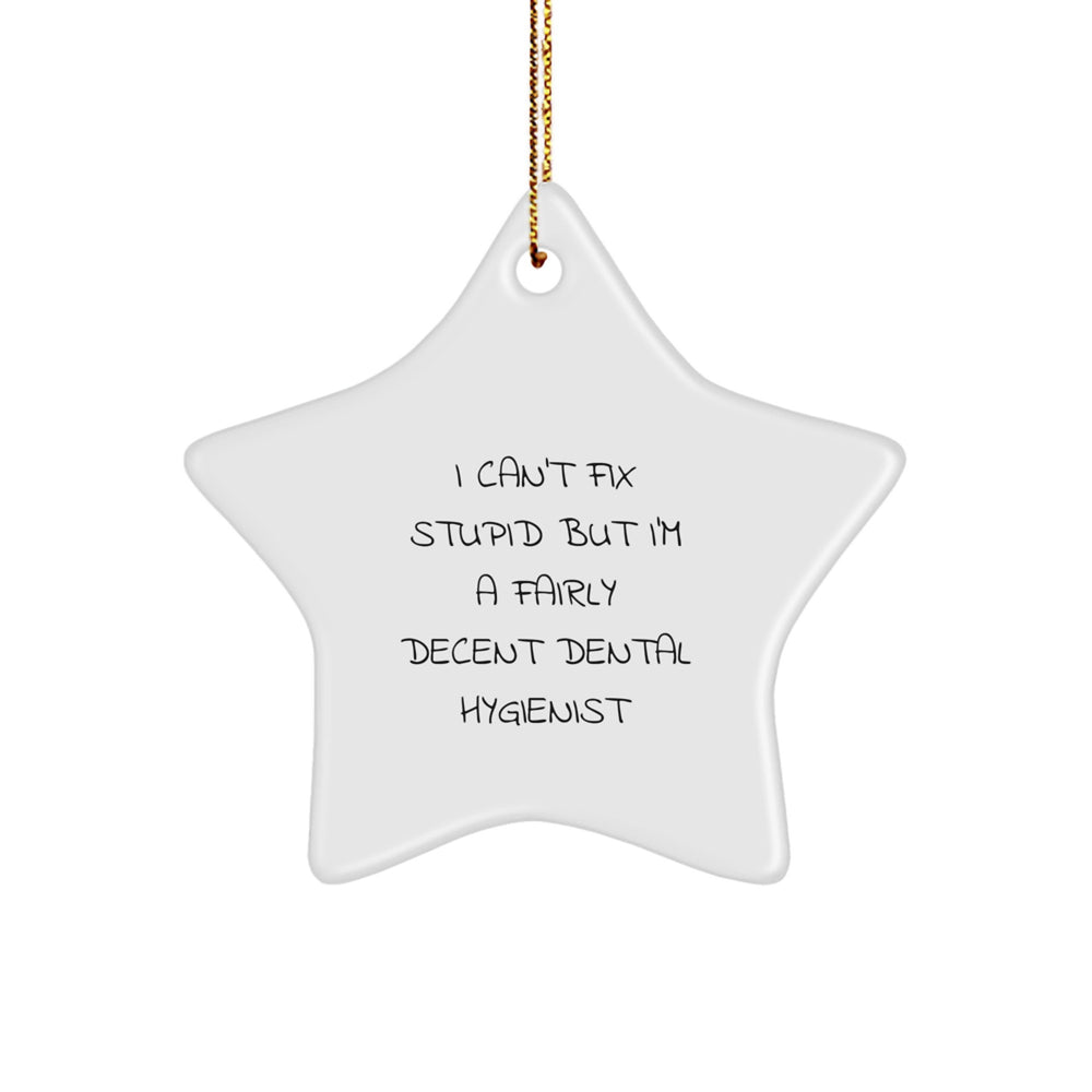 Funny Dental Hygienist Gifts - 'I Can't Fix Stupid But I'm A Fairly Decent Dental Hygienist' Star Ornament for Christmas - Image 1