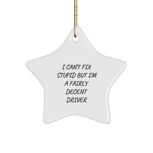 Funny Driver Gifts, I Can't Fix Stupid But I'm A Fairly Decent Driver Star Ornament for Driver, Gifts from Friends, Gifts for Driver, Christmas Unique Gifts - Image 1