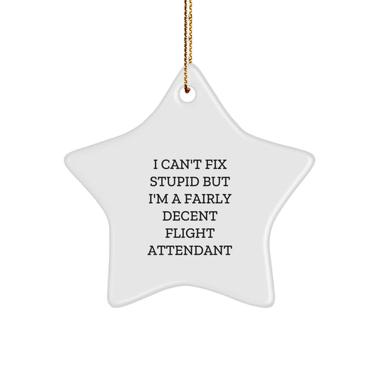 Flight Attendant Christmas Unique Gifts, Funny Star Ornament for Friends, Gifts from Men, Women, or Family, 'I Can't Fix Stupid But I'm A Fairly Decent Flight Attendant' Quote, Decorative Star - Image 1