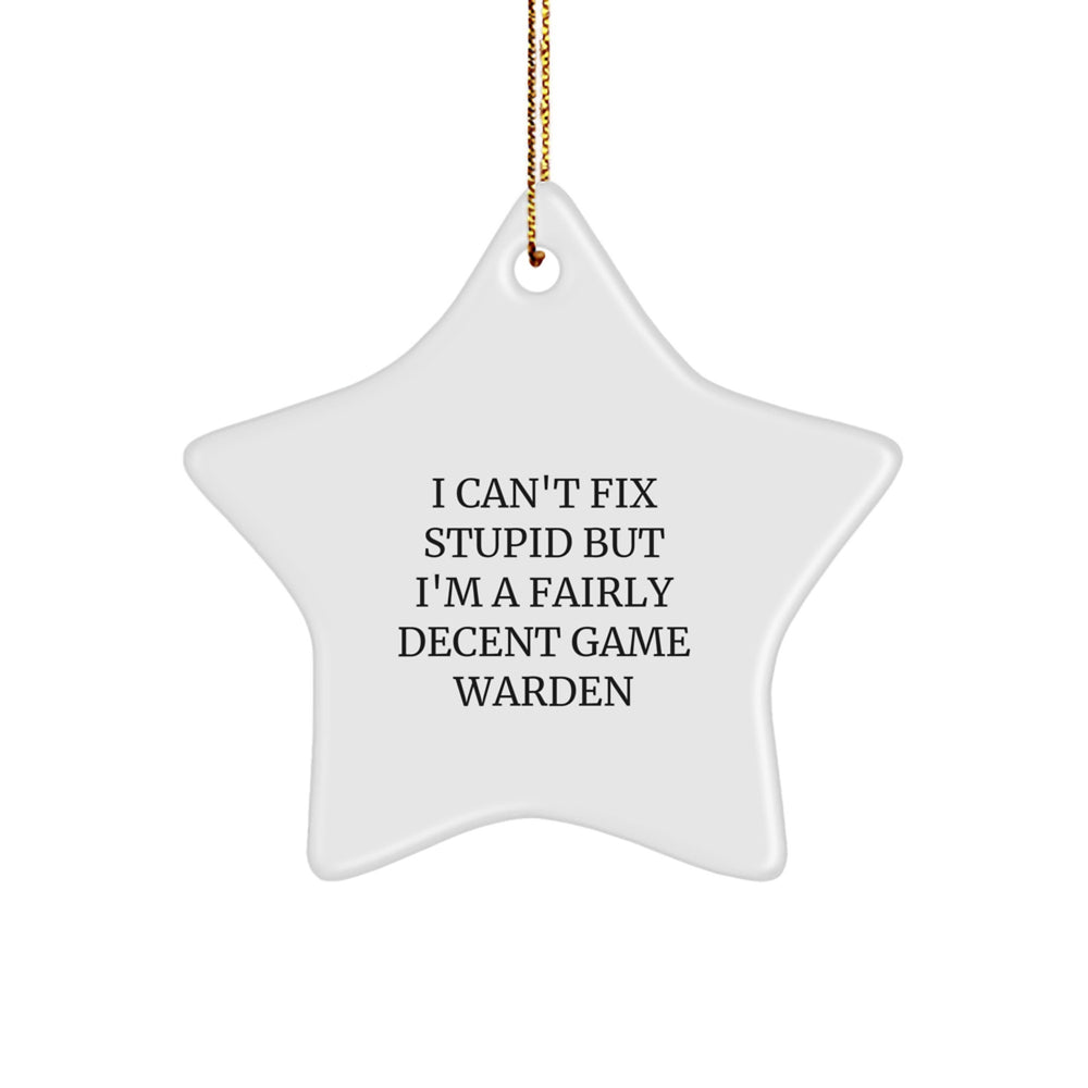 Funny Game Warden Star Ornament, Gifts from Men, for Christmas Unique Gifts, 'I Can't Fix Stupid But I'm A Fairly Decent Game Warden', Star Shaped Gifts for Game Wardens, Family, Friends - Image 1