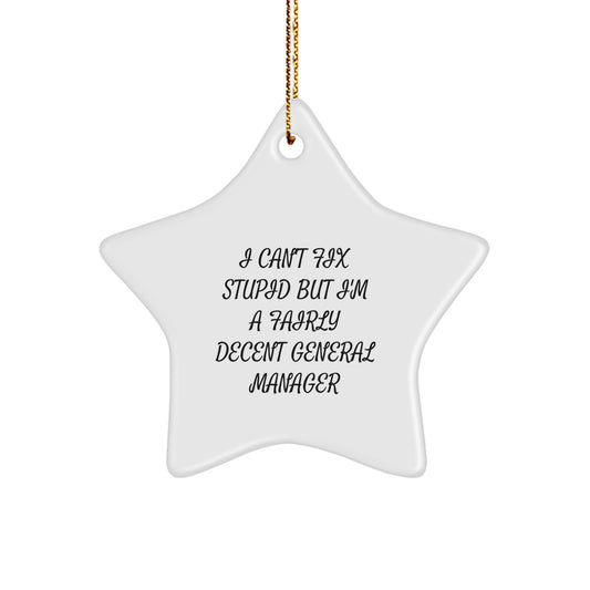 Funny General Manager Gifts from Men to Friends - 'I Can't Fix Stupid' Star Ornament for Christmas - Image 1