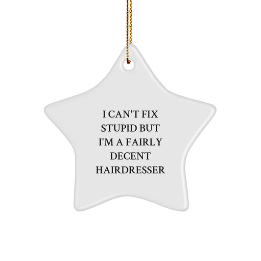 Funny Hairdresser Christmas Unique Gifts from Men to Hairdresser Friends, Star Ornament - I Can't Fix Stupid But I'm A Fairly Decent Hairdresser - Image 1