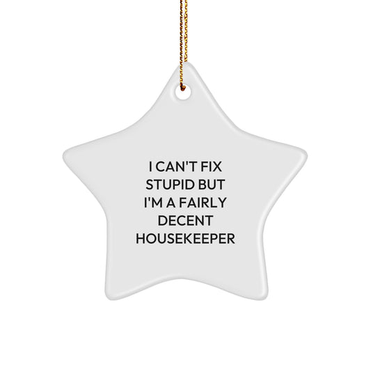 Funny Housekeeper Gifts from Friends - I Can't Fix Stupid But I'm A Fairly Decent Housekeeper Star Ornament for Christmas - Image 1