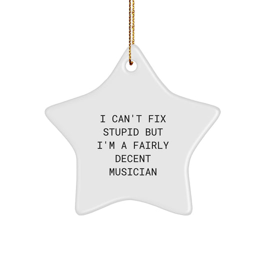 Funny Musician Gifts: 'I Can't Fix Stupid But I'm A Fairly Decent Musician' Christmas Star Ornament for Friends, Coworkers, or Family - Image 1