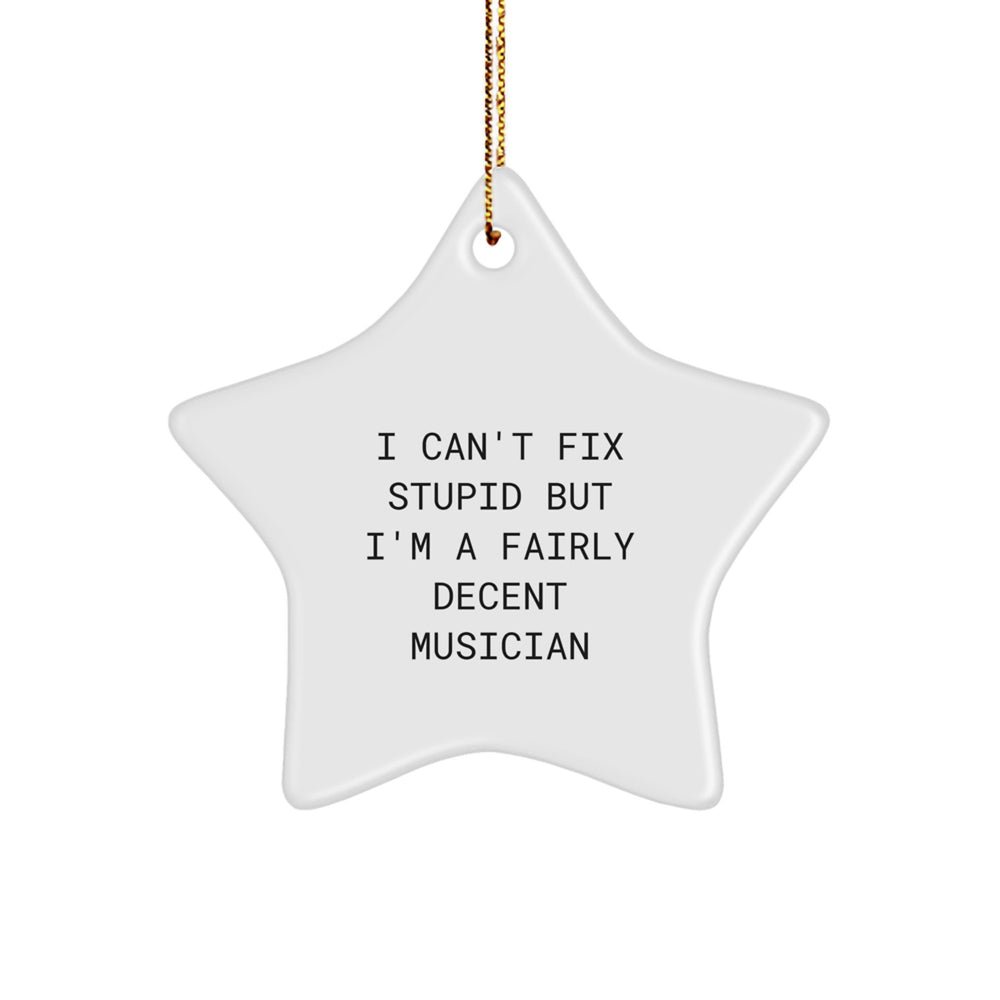 Funny Musician Gifts: 'I Can't Fix Stupid But I'm A Fairly Decent Musician' Christmas Star Ornament for Friends, Coworkers, or Family - Image 1