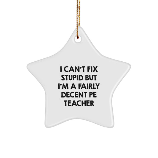 Funny PE Teacher Gifts from Friends for Christmas - I Can't Fix Stupid But I'm A Fairly Decent PE Teacher Star Ornament - Image 1