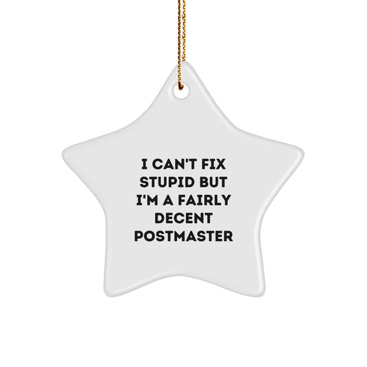 Funny Postmaster Gifts, 'I Can't Fix Stupid But I'm A Fairly Decent Postmaster' Quote, Star Ornament for Men or Women, Christmas Unique Gifts from Friends or Family - Image 1