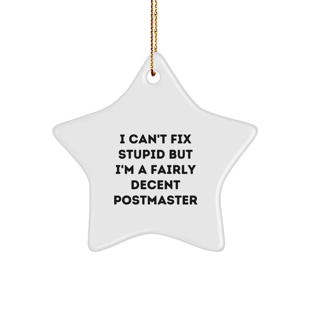 Funny Postmaster Gifts, 'I Can't Fix Stupid But I'm A Fairly Decent Postmaster' Quote, Star Ornament for Men or Women, Christmas Unique Gifts from Friends or Family - Image 1