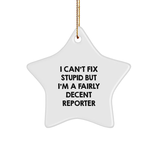 Funny Reporter Gifts from Men to Family - 'I Can't Fix Stupid But I'm A Fairly Decent Reporter' Star Ornament for Christmas - Image 1