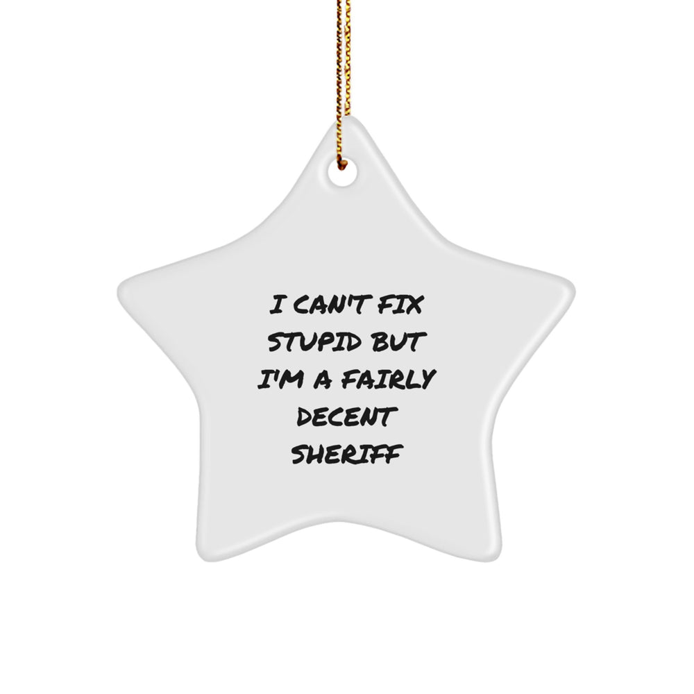 Funny Sheriff Gifts for Christmas - 'I Can't Fix Stupid But I'm A Fairly Decent Sheriff' Star Ornament for Men, Sheriff Lovers, Coworkers, or Family - Image 1
