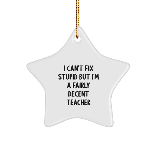 Funny Teacher Gifts: 'I Can't Fix Stupid But I'm A Fairly Decent Teacher' Star Ornament Gifts from Family for Christmas - Image 1