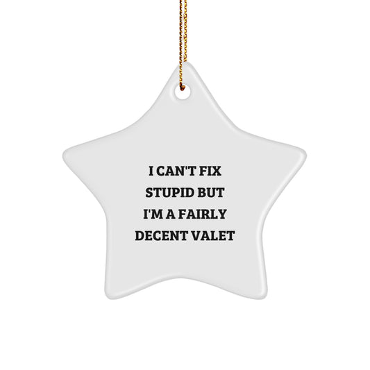 Funny Valet Gifts from Friends and Family - 'I Can't Fix Stupid But I'm A Fairly Decent Valet' Star Ornament for Men or Women, Christmas Unique Gifts - Image 1