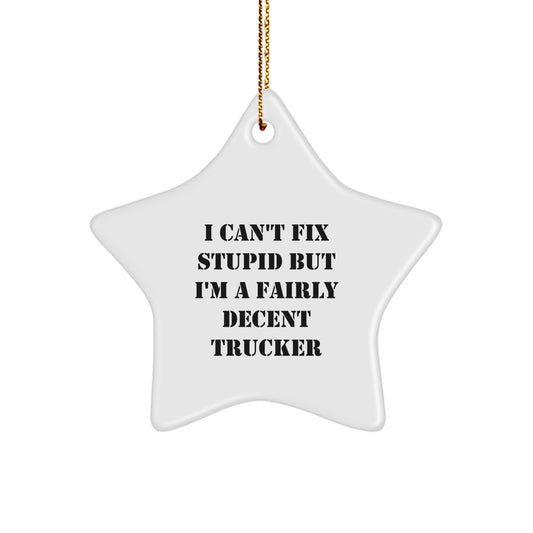 Funny Trucker Gifts for Him - 'I Can't Fix Stupid' Star Ornament, Unique Christmas Decorations from Friends for Trucker - Image 1