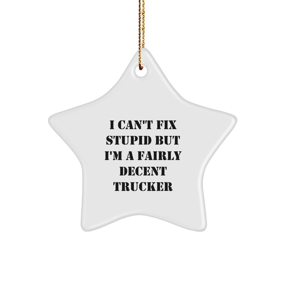 Funny Trucker Gifts for Him - 'I Can't Fix Stupid' Star Ornament, Unique Christmas Decorations from Friends for Trucker - Image 1