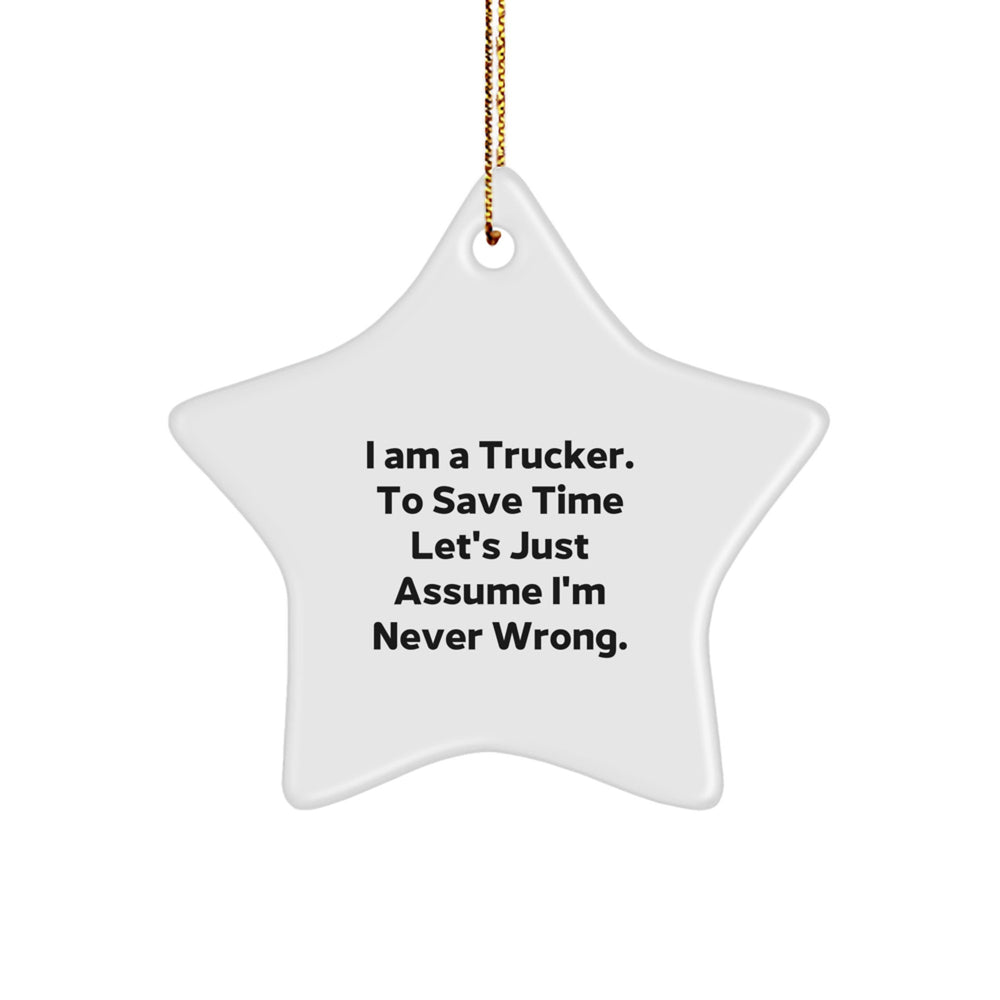 Funny Trucker Gifts, I Am A Trucker. To Save Time Let's Just Assume I'm Never Wrong. Christmas Unique Gifts for Trucker, Star Ornament Decorations from Friends, Family, Men, Women - Image 1