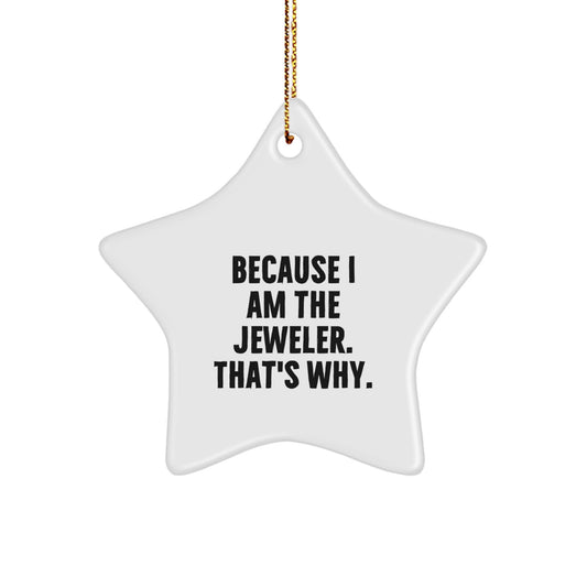 Fun Star Ornament Gifts from Men to Women Jeweler Friends and Family at Christmas - Funny Quote - Because I Am The Jeweler. That's Why. - Star Shaped Decorations - Image 1
