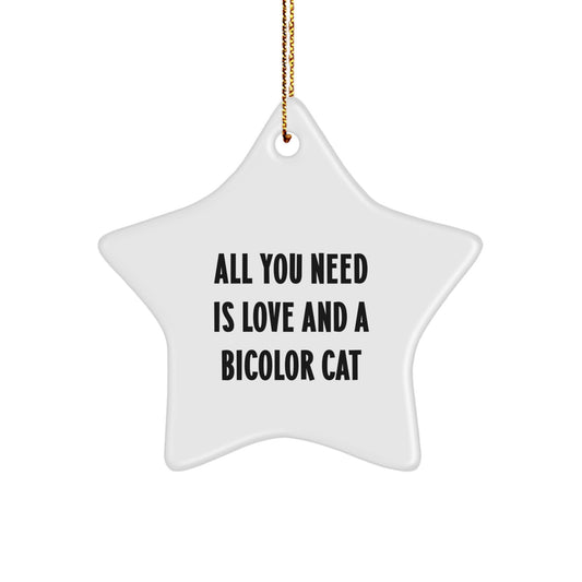 Funny Bicolor Cat Gifts from Friends for Christmas - Star Ornament with 'All You Need Is Love And A Bicolor Cat' Quote - Image 1