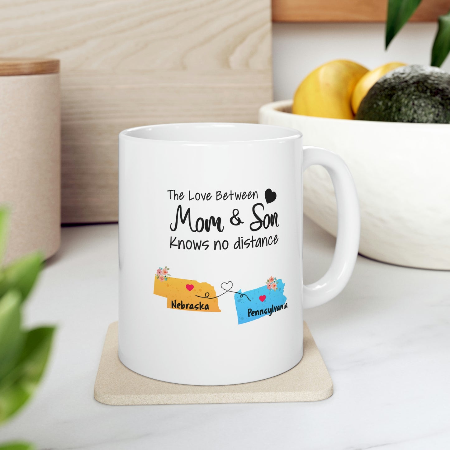 Nebraska Pennsylvania Mother's Day Gifts - Love Mom & Son - Long Distance Home State 11 OZ Coffee Mug for Mom