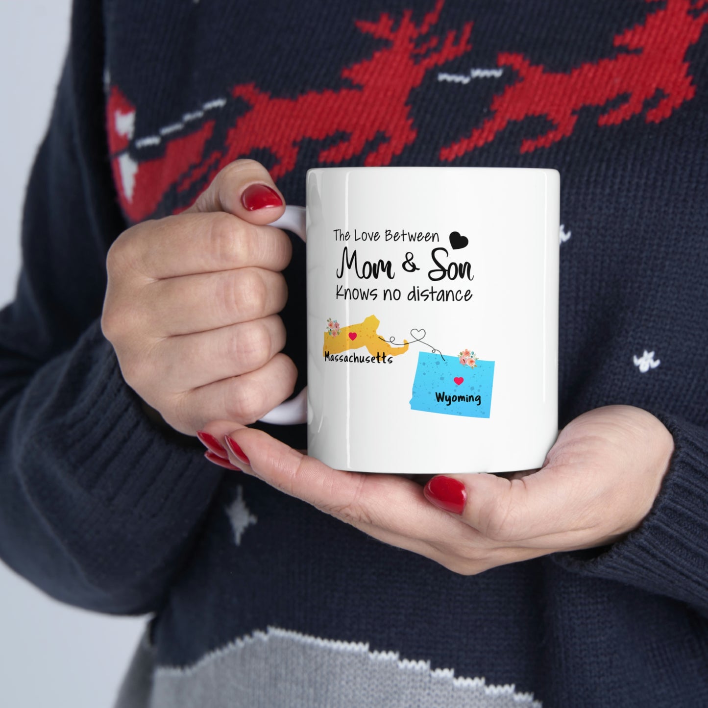 Massachusetts Wyoming Mother's Day Gifts - Love Mom & Son - Long Distance Home State 11 OZ Coffee Mug for Mom