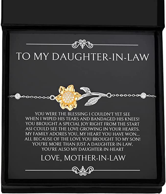 Daughter in law Gifts From Mother in law, 925 Sterling Silver Bracelet with 14k Gold Sunflower Charm and Message Card, Future Daughter in Law Birthday Wedding Gifts