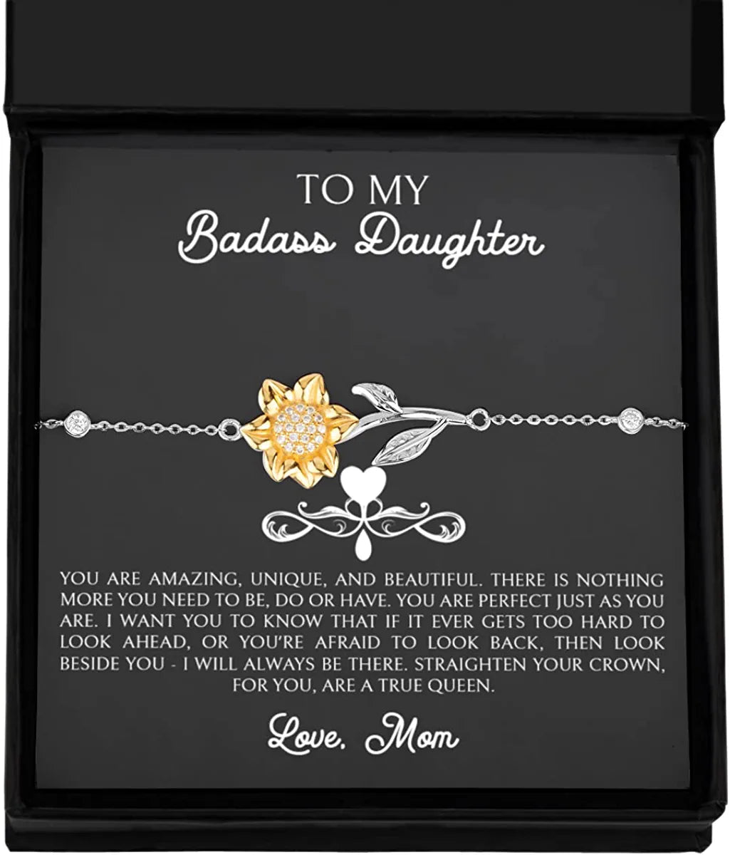 To My Badass Daughter Bracelets From Mom, Daughter Gifts From Mom, To My Daughter Sunflower Bracelet from Mom, Birthday Christmas Gifts for Daughter From Mother