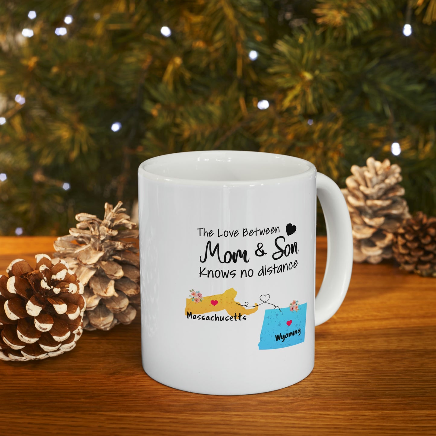 Massachusetts Wyoming Mother's Day Gifts - Love Mom & Son - Long Distance Home State 11 OZ Coffee Mug for Mom