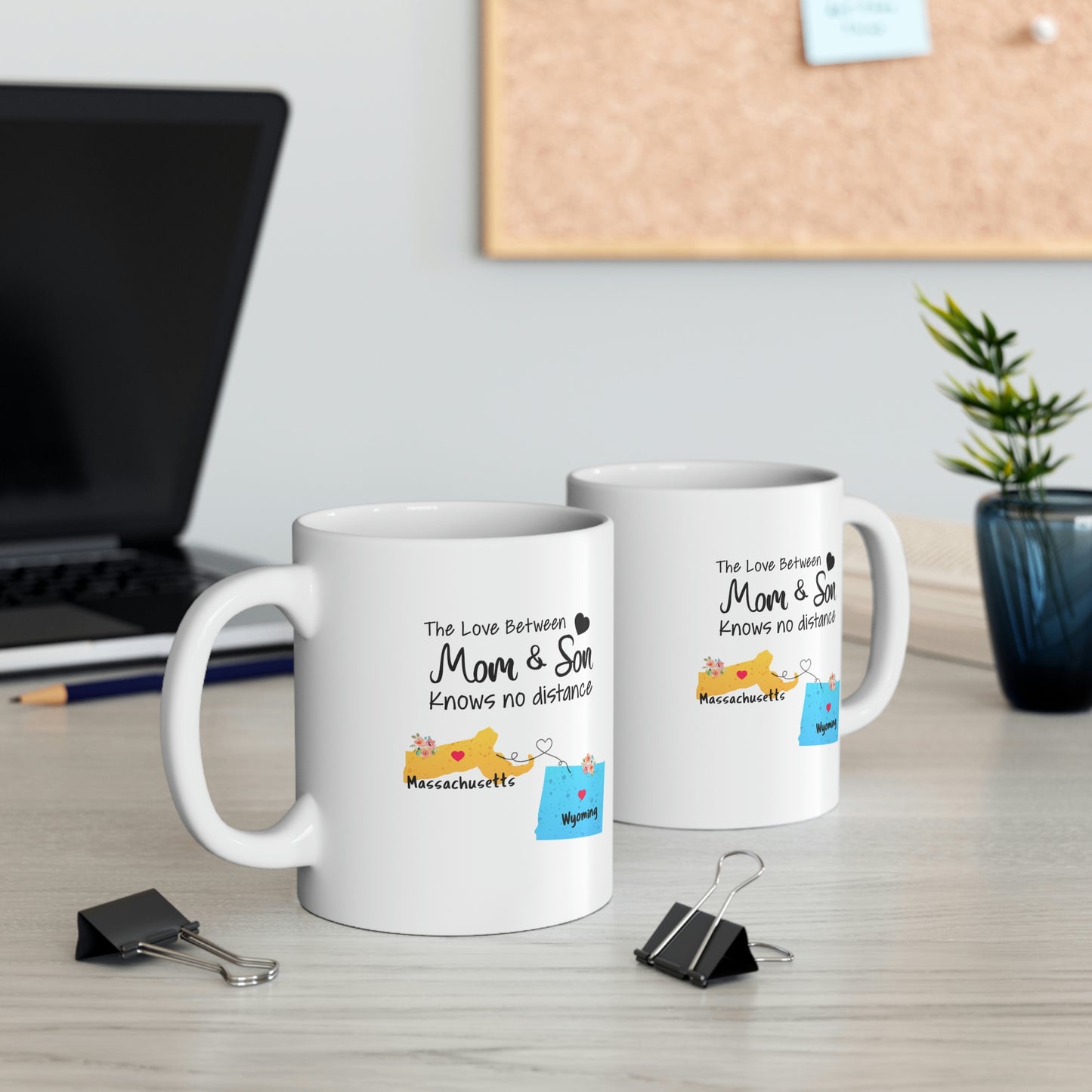 Massachusetts Wyoming Mother's Day Gifts - Love Mom & Son - Long Distance Home State 11 OZ Coffee Mug for Mom