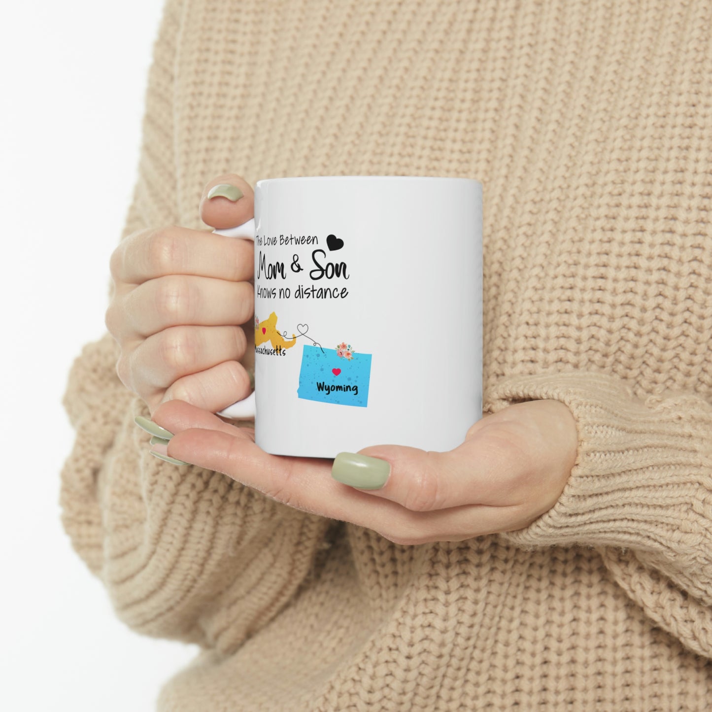 Massachusetts Wyoming Mother's Day Gifts - Love Mom & Son - Long Distance Home State 11 OZ Coffee Mug for Mom