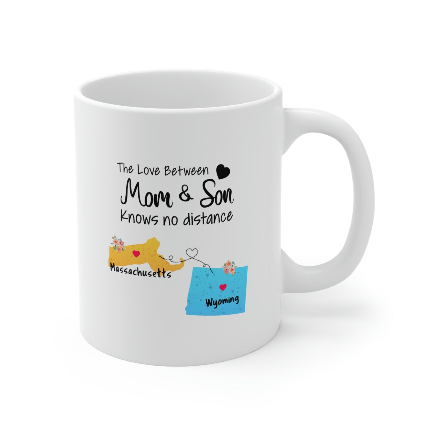 Massachusetts Wyoming Mother's Day Gifts - Love Mom & Son - Long Distance Home State 11 OZ Coffee Mug for Mom