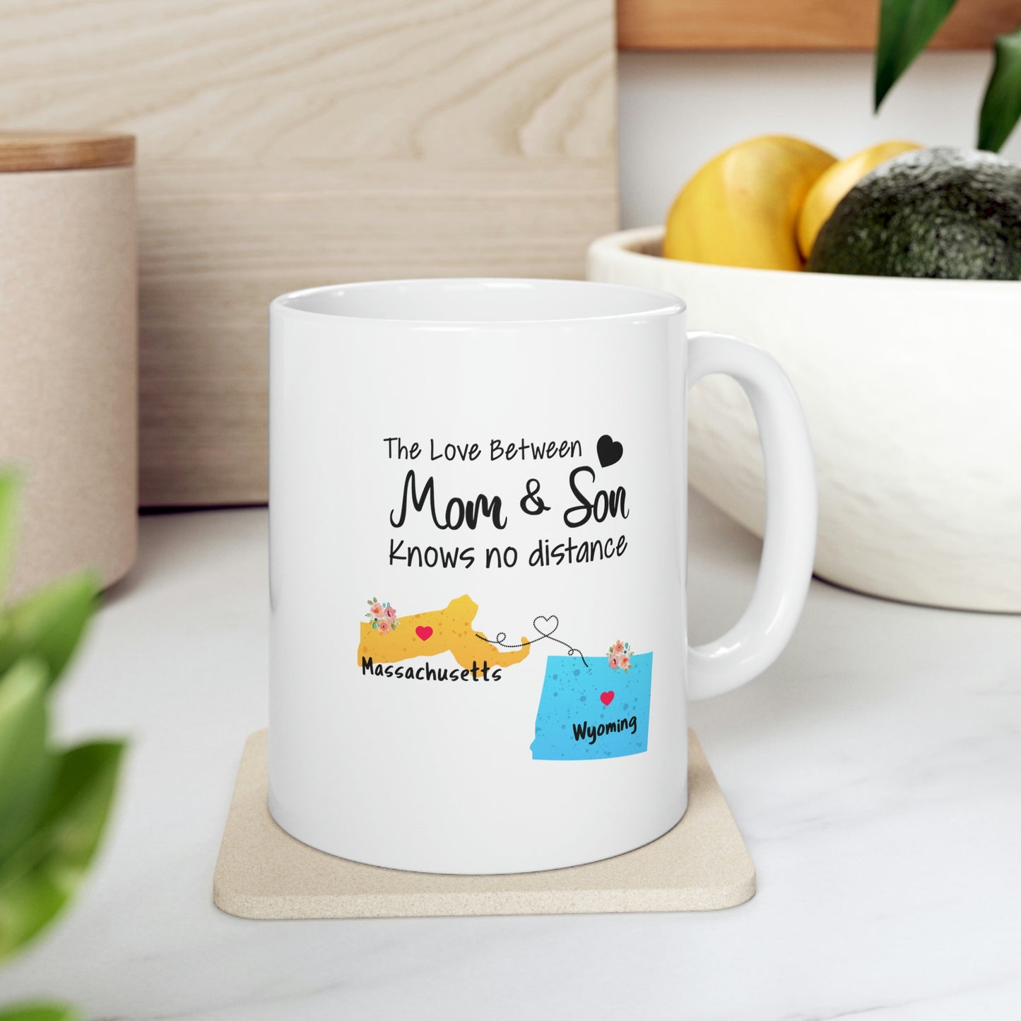 Massachusetts Wyoming Mother's Day Gifts - Love Mom & Son - Long Distance Home State 11 OZ Coffee Mug for Mom