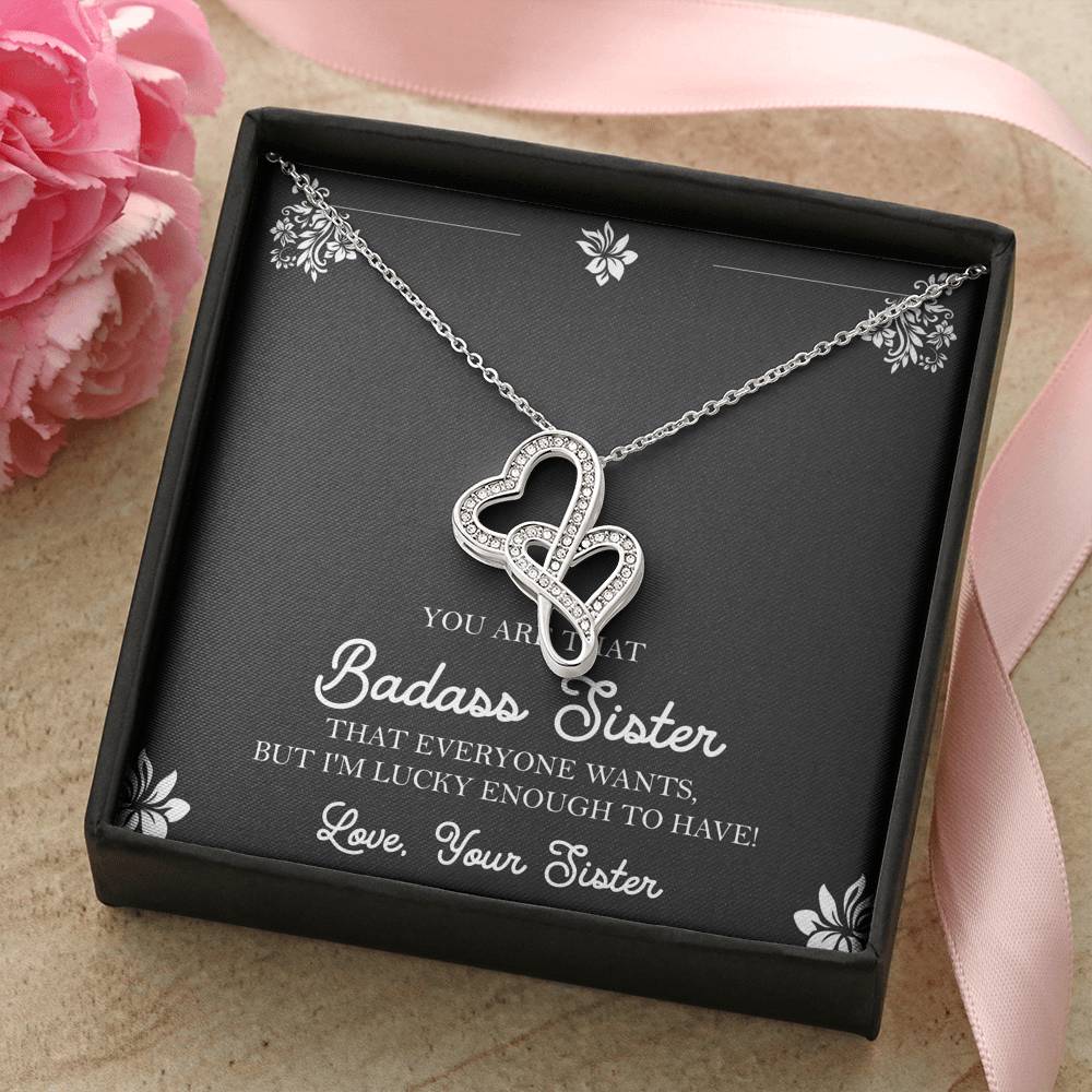 To My Badass Sister Gifts, Lucky To  Have You, Double Heart Necklace For Women, Birthday Present Idea From Sister