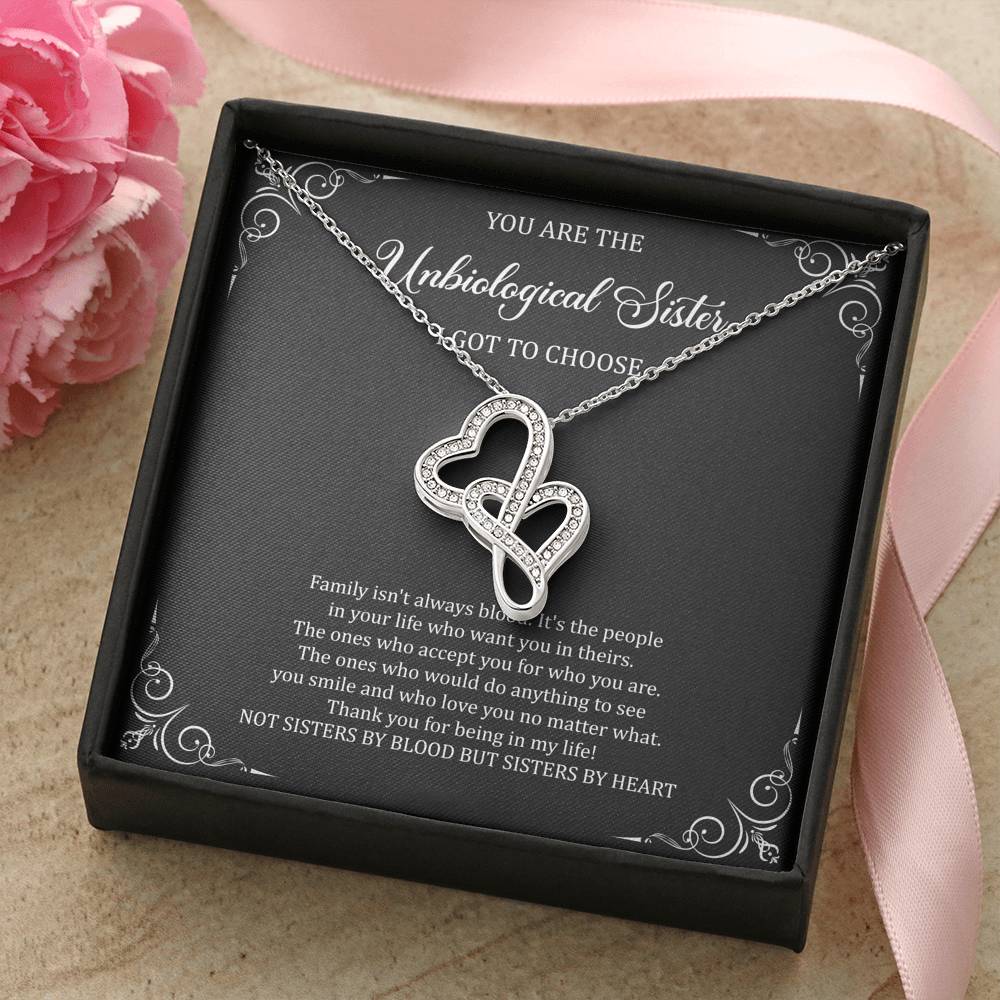 To My Unbiological Sister Gifts, Family Isn't Always Blood, Double Heart Necklace For Women, Birthday Present Idea From Sister-in-law