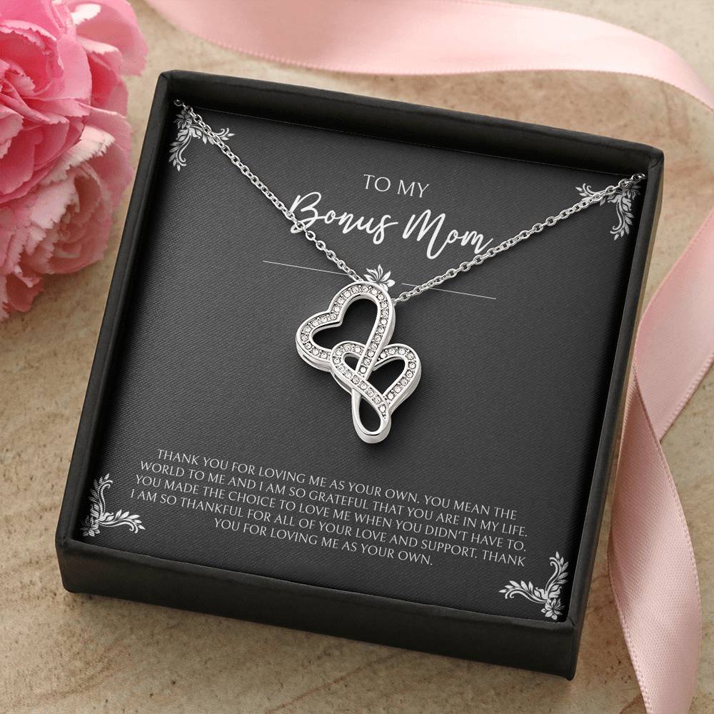 To My Bonus Mom Gifts, You Mean The World To Me , Double Heart Necklace For Women, Birthday Mothers Day Present From Bonus Daughter