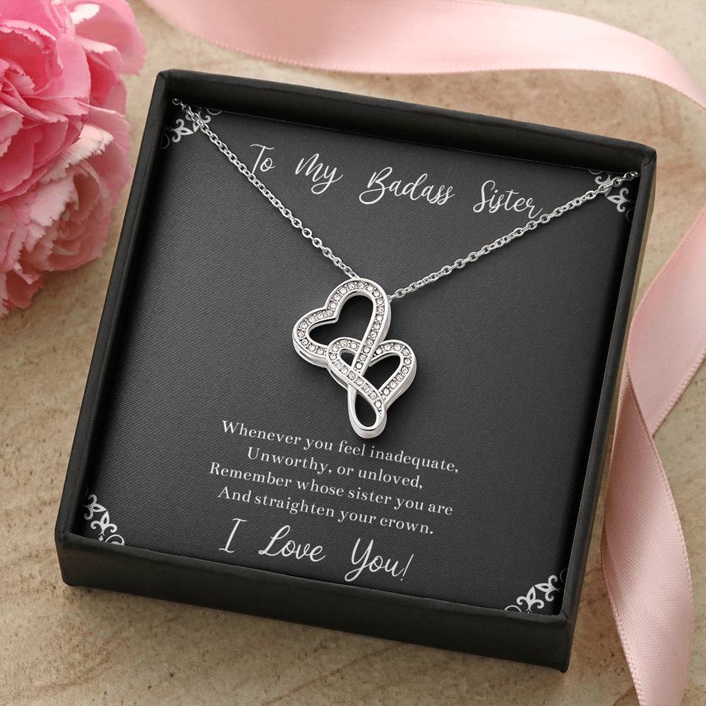 To My Badass Sister Gifts, I Love You, Double Heart Necklace For Women, Birthday Present Idea From Sister