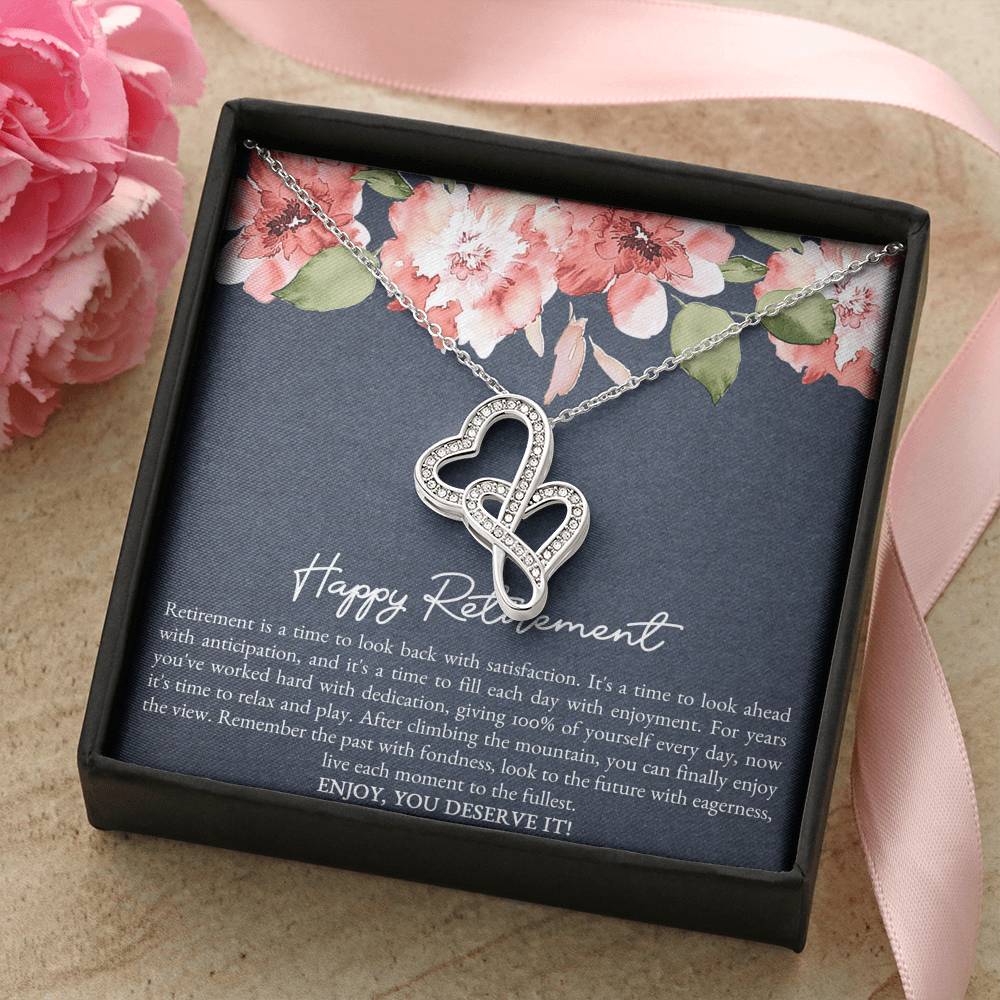Retirement Gifts, Enjoy You Deserve It, Happy Retirement Double Heart Necklace For Women, Retirement Party Favor From Friends Coworkers