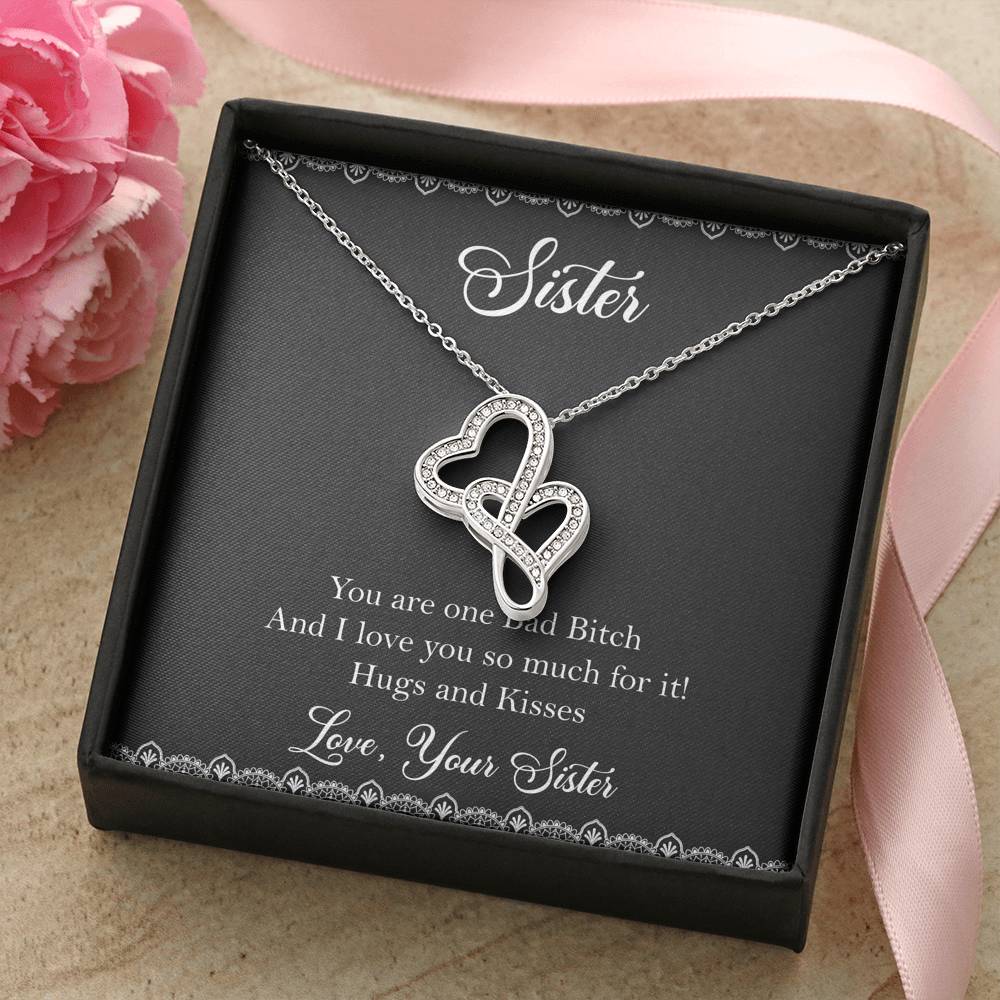 To My Badass Sister Gifts, Hugs And Kisses, Double Heart Necklace For Women, Birthday Present Idea From Sister