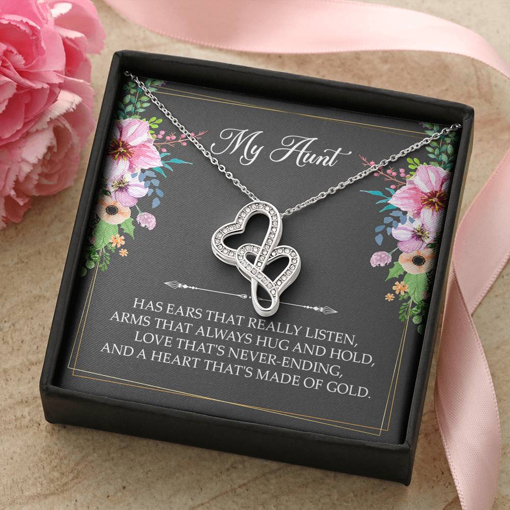 To My Aunt Gifts, Has Ears That Really Listen, Double Heart Necklace For Women, Aunt Birthday Present From Niece Nephew