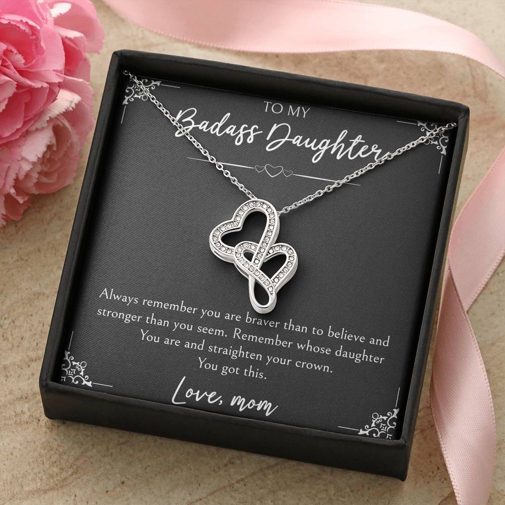 To My Badass Daughter Gifts, You Are Braver Than You Believe, Double Heart Necklace For Women, Birthday Present Idea From Mom