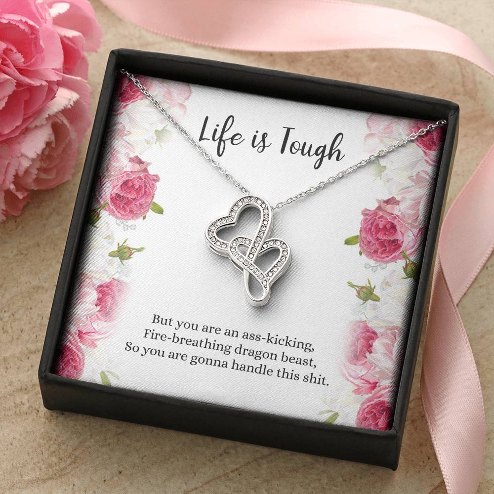 Encouragement Gifts, Life Is Tough, Motivational Double Heart Necklace For Women, Sympathy Inspiration Friendship Present