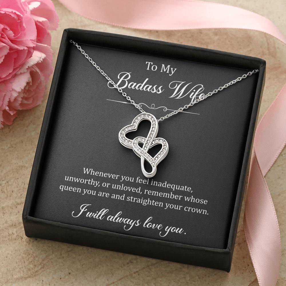 To My Badass Wife, Whenever You Feel Inadequate, Double Heart Necklace For Women, Anniversary Birthday Gifts From Husband