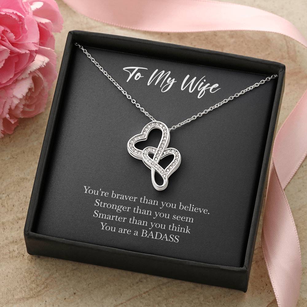 To My Badass Wife, Braver Than You Believe, Double Heart Necklace For Women, Anniversary Birthday Valentines Day Gifts From Husband