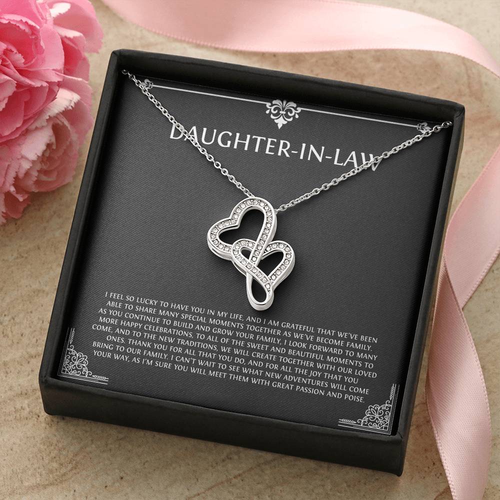 To My Daughter-in-law Gifts, I'm Lucky To Have You, Double Heart Necklace For Women, Birthday Present Idea From Mother-in-law
