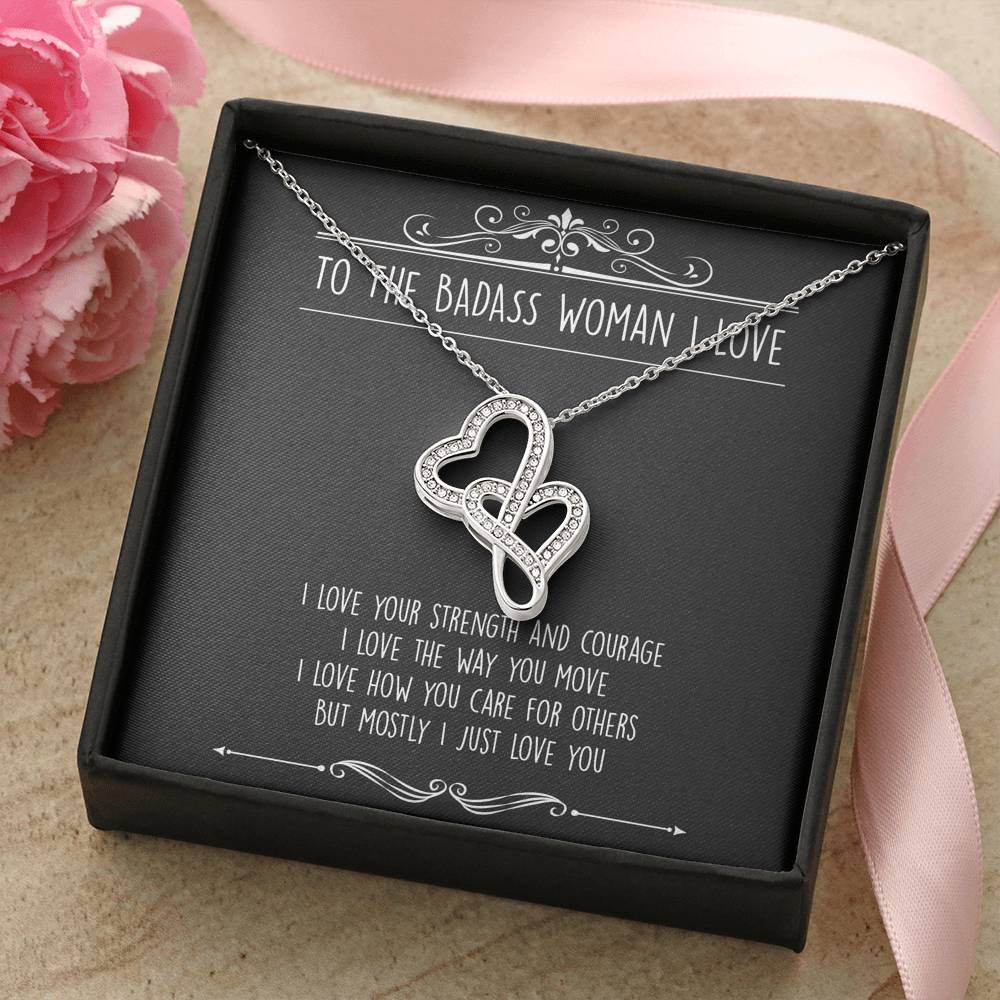 To My Badass Wife, I Just Love You, Double Heart Necklace For Women, Anniversary Birthday Valentines Day Gifts From Husband