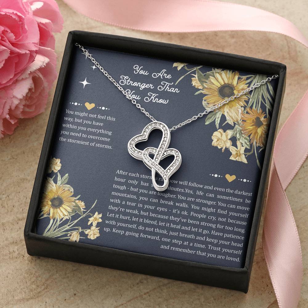 Encouragement Gifts, You Are Stronger, Motivational Double Heart Necklace For Women, Sympathy Inspiration Friendship Present