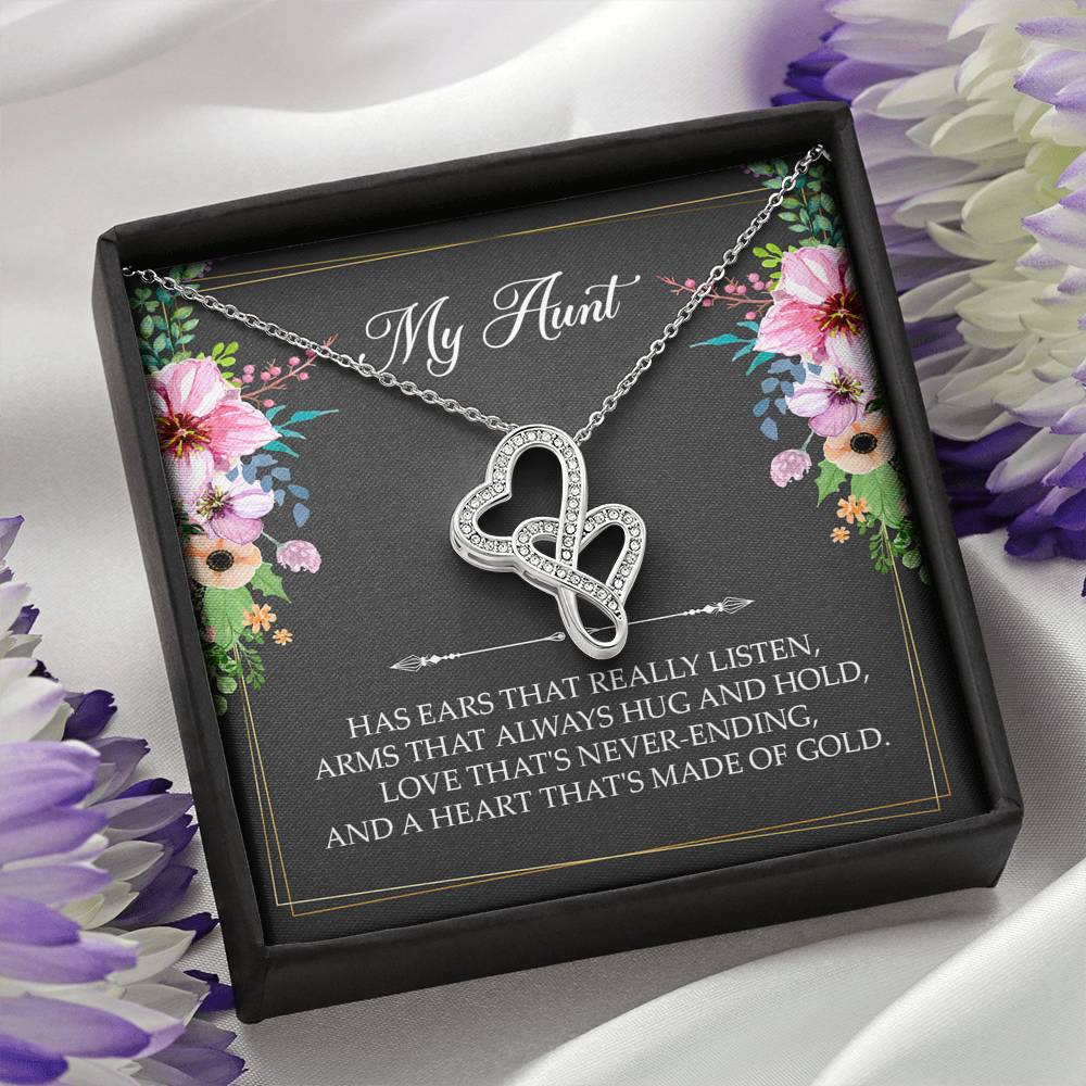 To My Aunt Gifts, Has Ears That Really Listen, Double Heart Necklace For Women, Aunt Birthday Present From Niece Nephew