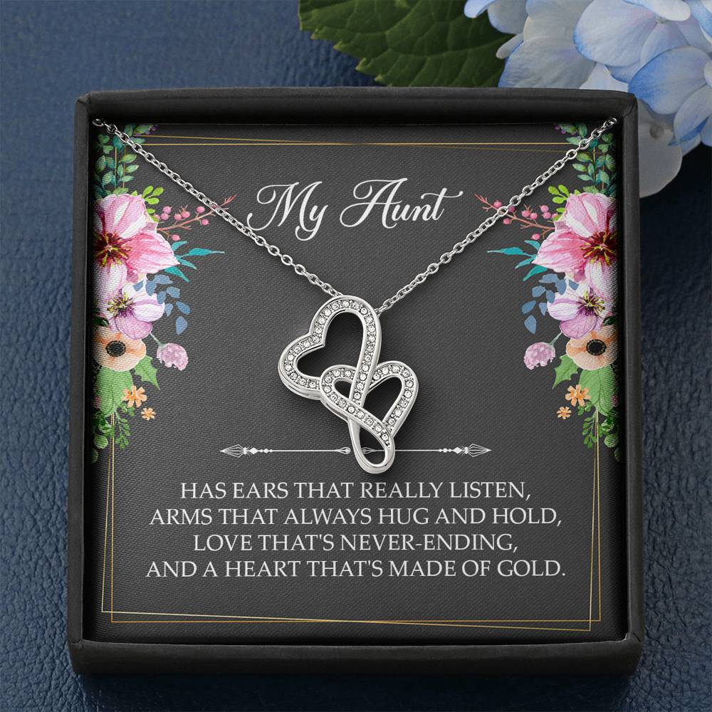 To My Aunt Gifts, Has Ears That Really Listen, Double Heart Necklace For Women, Aunt Birthday Present From Niece Nephew
