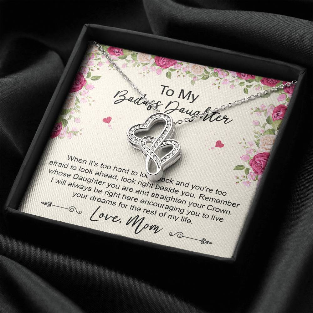 To My Badass Daughter Gifts, When It's Too Hard To Look Back, Double Heart Necklace For Women, Birthday Present Idea From Mom