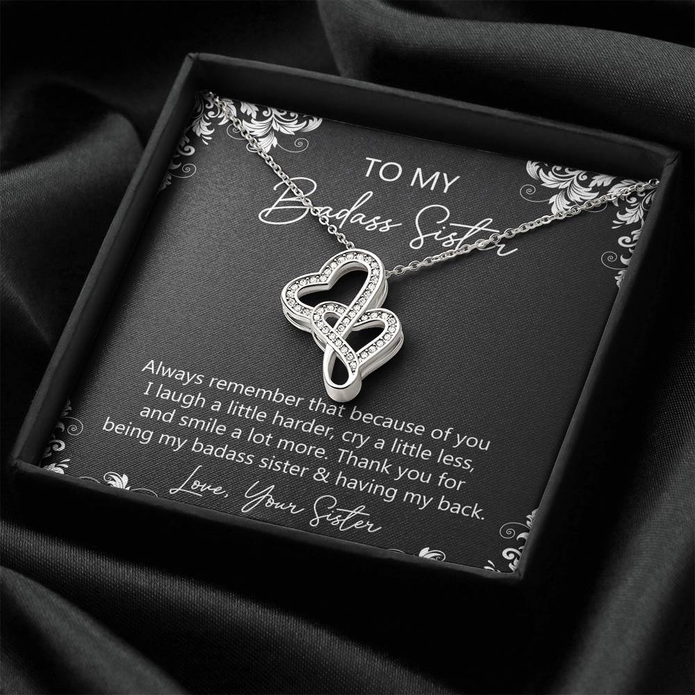 To My Badass Sister Gifts, Always Remember, Double Heart Necklace For Women, Birthday Present Idea From Sister