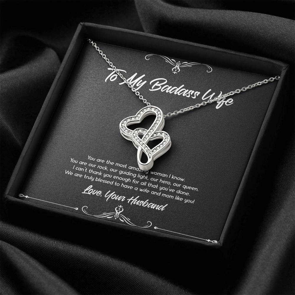 To My Badass Wife, You Are Our Rock, Double Heart Necklace For Women, Anniversary Birthday Valentines Day Gifts From Husband