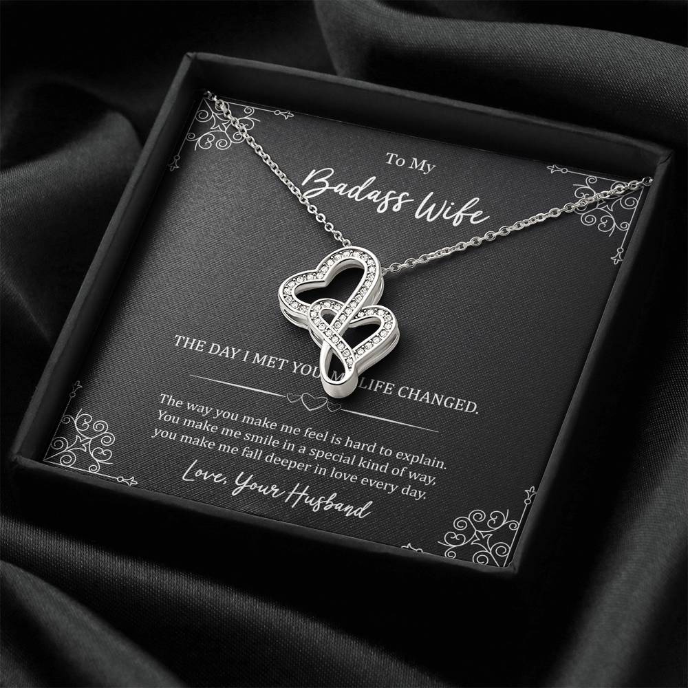 To My Badass Wife, The Day I Met You My Life Changed, Double Heart Necklace For Women, Anniversary Birthday Gifts From Husband